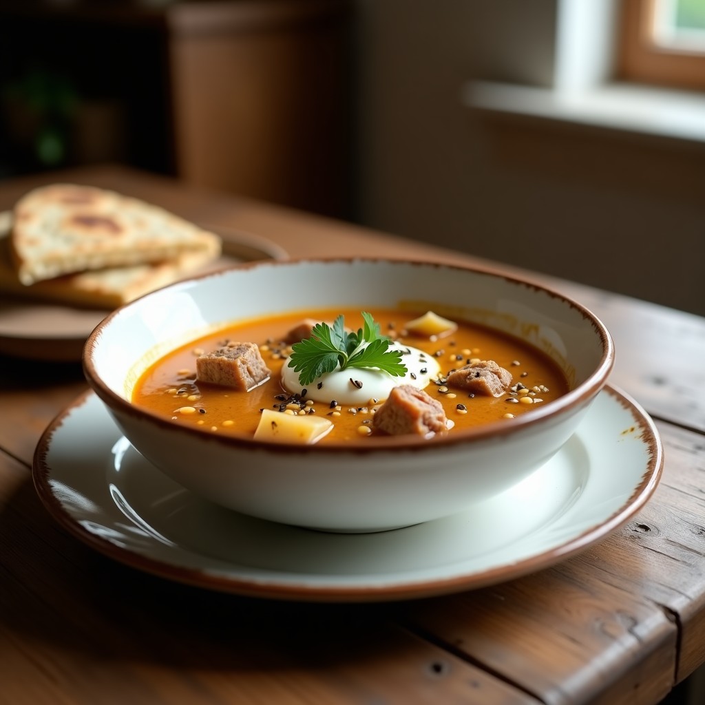 Cuenco de cerámica blanca lleno de sopa de lentejas rojas (misérrima) con trozos de cordero, alcachofas y especias, coronada con yogur griego, perejil fresco y semillas de sésamo. Plato tradicional libanés en olla lenta, con textura cremosa y colores cálidos.