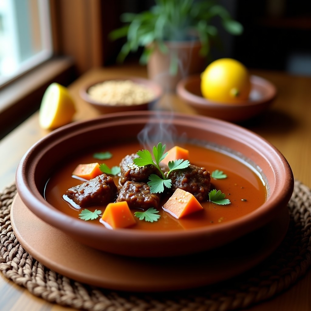 Cuenco de barro oscuro con sopa Mishkaki tanzana: trozos de cordero dorado, cubos de batata morada, cilantro fresco y un chorro de leche de coco, sobre fondo rústico de madera con especias esparcidas.