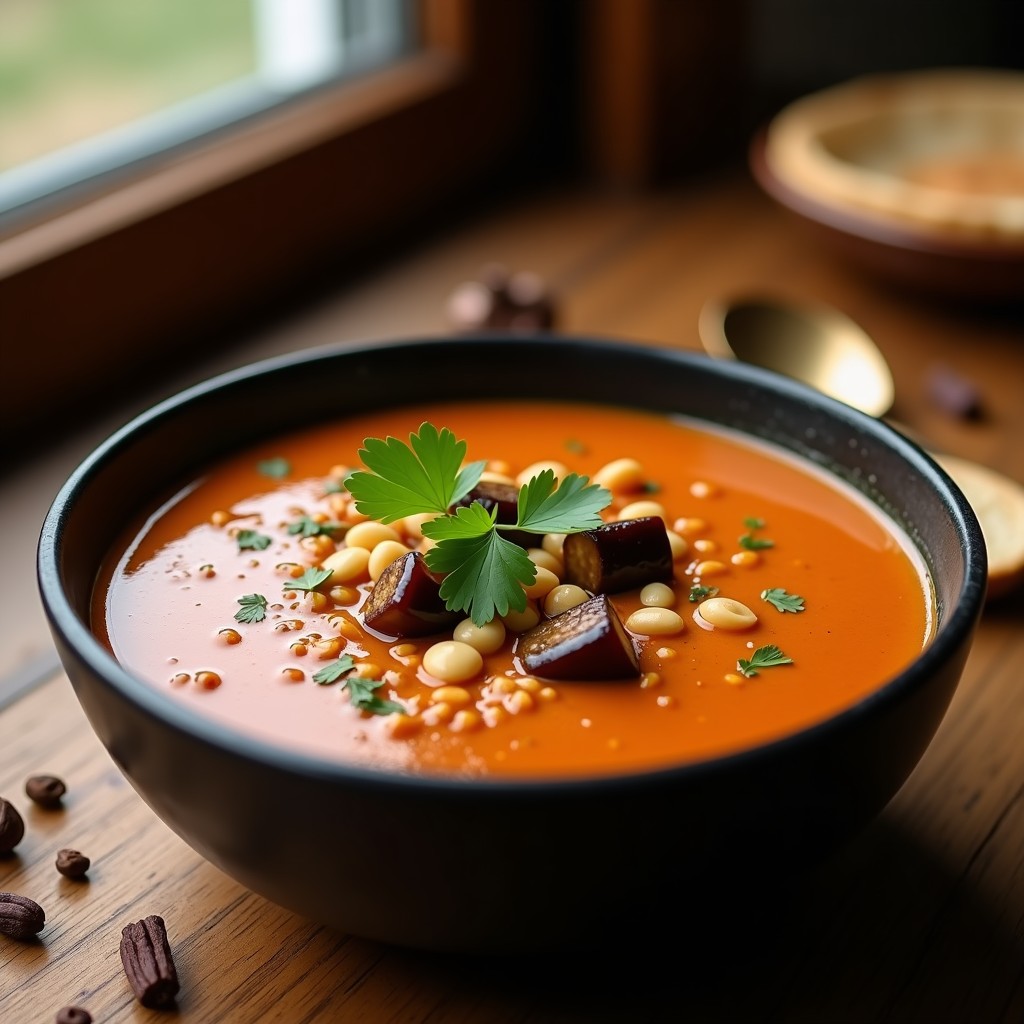 Cuenco de barro oscuro con sopa de Misir Wot etíope vegana, lentejas rojas cremosas, trozos de berenjena asada y cilantro fresco picado, servida sobre fondo rústico con pan injera al lado.