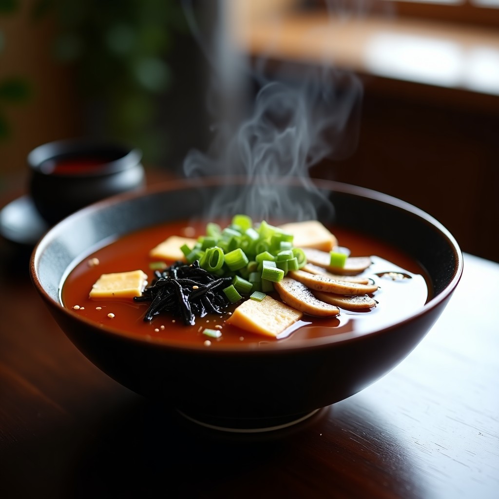 Cuenco de cerámica negra con sopa de miso ahumada humeante, champiñones shitake en rodajas, tofu en cubos, algas wakame y cebollino fresco, sobre fondo de madera oscura.