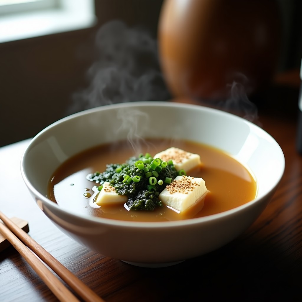 Tazón de cerámica blanca con sopa de miso humeante, algas wakame verdes hidratadas, cubos de tofu sedoso y semillas de sésamo tostadas, decorado con cebollino fresco. Receta express en airfryer.