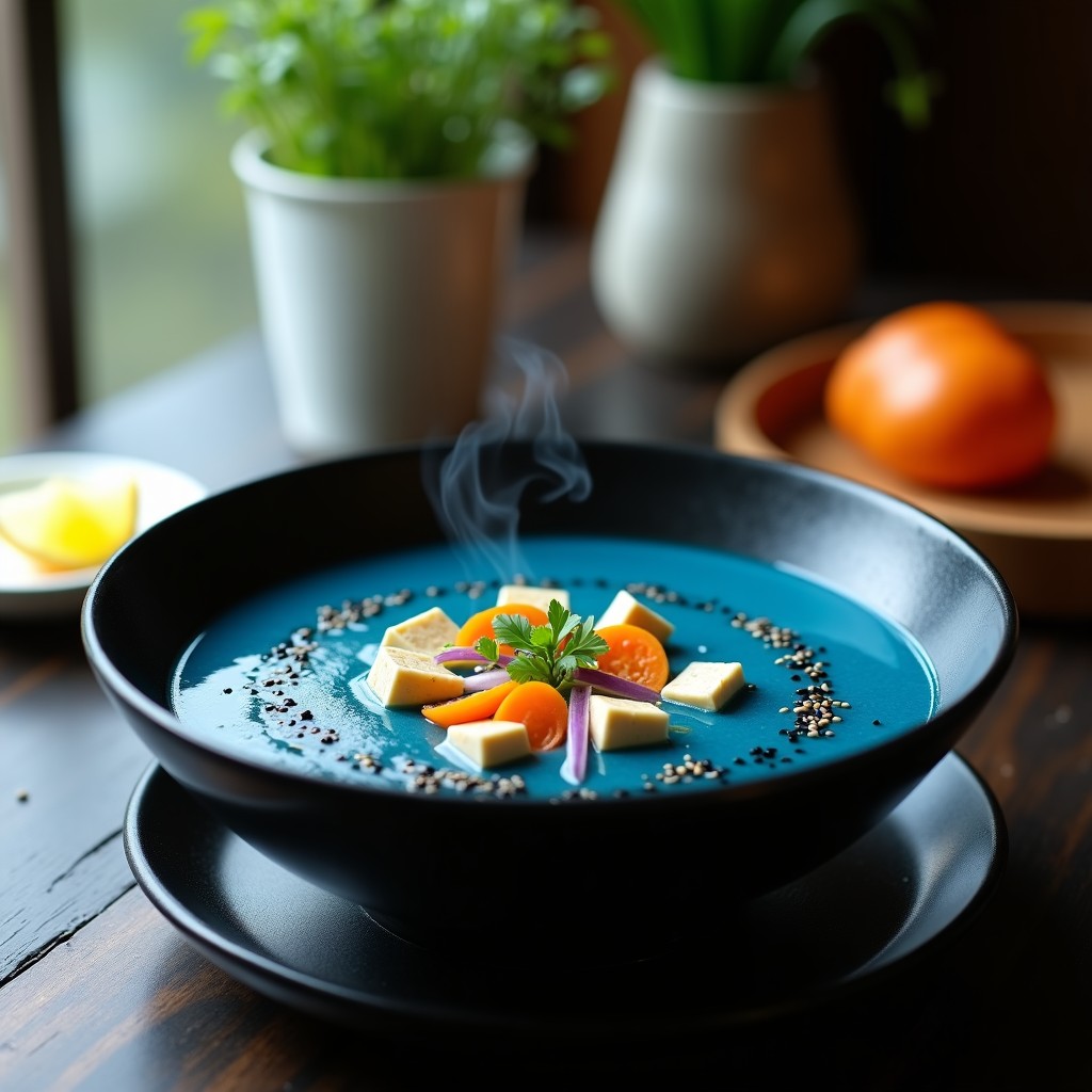 Cuenco de cerámica negra con sopa de miso azul vibrante, espirulina, tofu sedoso, cebollino y semillas de sésamo negro, receta vegana detox.