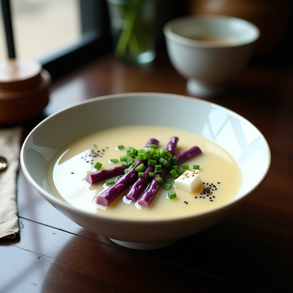 Cuenco de cerámica blanca con sopa de misó blanco cremosa, trozos de espárragos morados vibrantes, cubos de tofu sedoso y semillas de sésamo negro. Decorado con cebollino fresco y un hilo de aceite de sésamo tostado. Plato japonés probiótico y saludable.