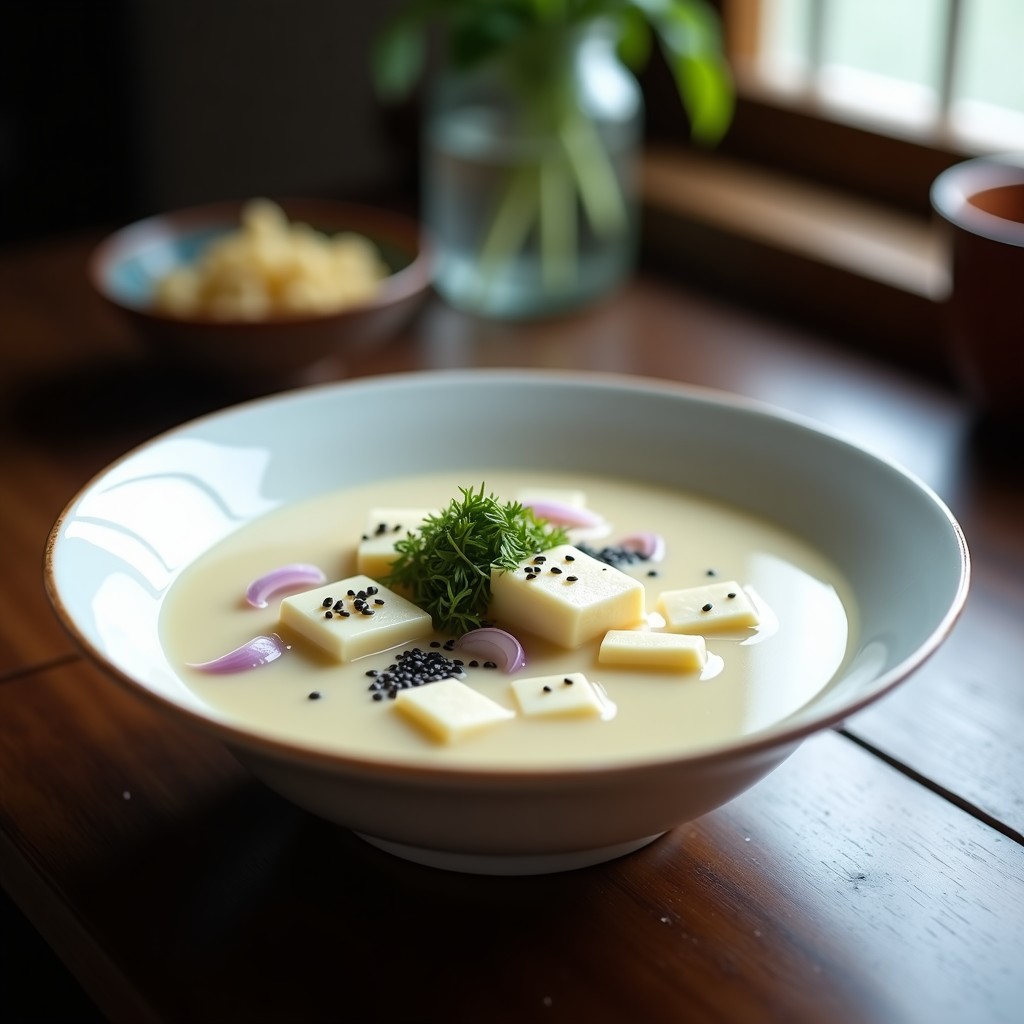 Cuenco de cerámica japonesa con sopa cremosa de miso blanco, trozos de tofu sedoso, algas wakame y semillas de sésamo negro, decorada con rodaja de limón y aceite de sésamo. Receta de sopa de miso blanco con jengibre y hongo reishi para fortalecer la inmunidad.
