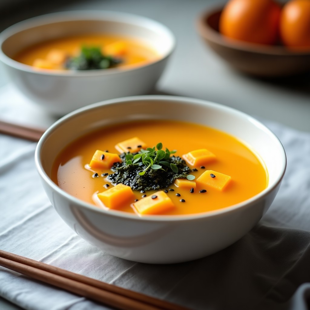 Cuenco de cerámica blanca con sopa de misó y calabaza kabocha, caldo dorado espeso con trozos de calabaza naranja, algas wakame verdes, semillas de sésamo negro y cebollino picado. Fondo minimalista con mantel de lino gris y palillos japoneses.