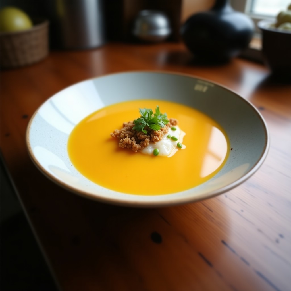 Cuenco hondo de cerámica negra con sopa miso de calabaza kabocha en tono naranja intenso, decorada con tiras doradas de tocino de coco crujiente, algas wakame verdes y cebollino fresco picado. Fondo borroso con cucharón de madera y semillas de sésamo esparcidas sobre la mesa de madera rústica.