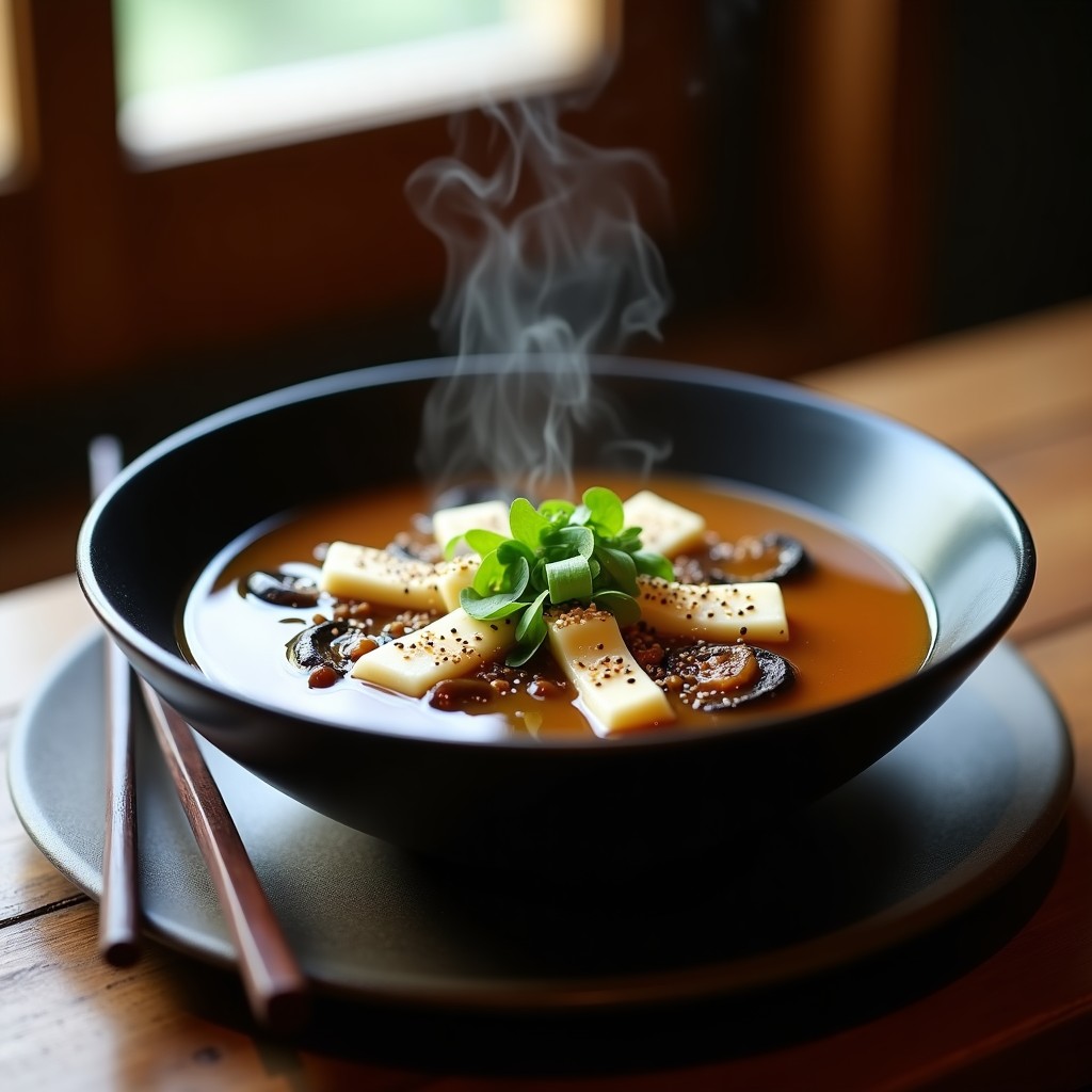 Cuenco de cerámica blanca con sopa de misos y champiñones portobello en láminas, tofu cubificado, algas wakame y semillas de sésamo negro. Fondos de cebollino fresco y vapor ascendente. Receta japonesa en Thermomix con umami.