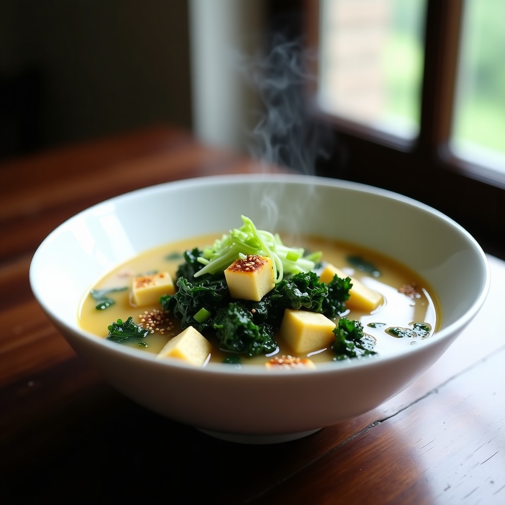Cuenco de cerámica blanca con sopa de miso humeante, col rizada verde intenso, tofu dorado, algas wakame y semillas de sésamo, sobre fondo de madera oscura. Receta keto y antiinflamatoria.