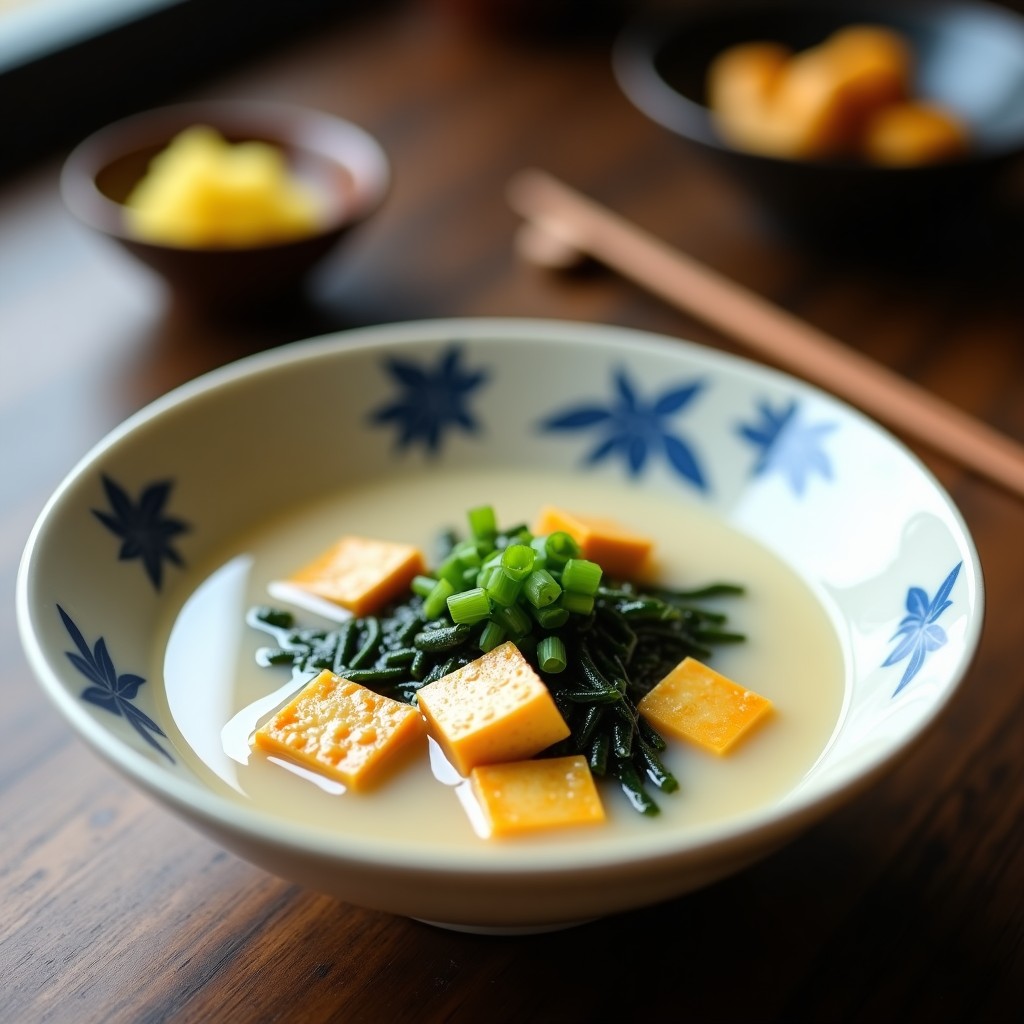 Cuenco de cerámica blanca con sopa de miso humeante, trozos de tofu firme, algas wakame verdes hidratadas y cebolla verde picada, espolvoreada con semillas de sésamo negro sobre fondo de madera oscura.
