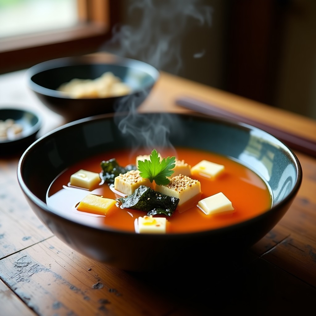 Cuenco hondo de cerámica oscura con sopa de miso humeante, trozos de corvina marinada en escabeche, tofu, algas wakame y cilantro fresco, decorado con semillas de sésamo, sobre fondo de madera rústica.