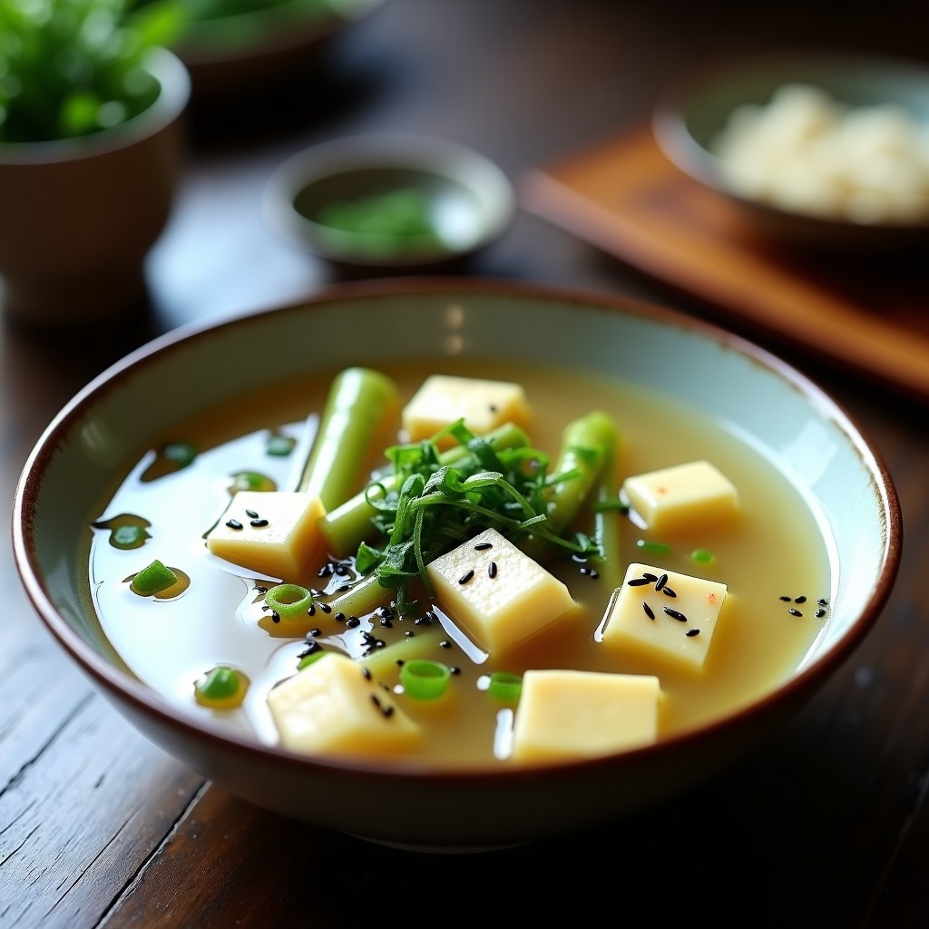 Cuenco de cerámica negra con sopa de miso y espárragos blancos vegana, tofu dorado marinado en sésamo, algas wakame y rodajas de limón yema, sobre fondo de madera rústica con semillas de sésamo esparcidas.