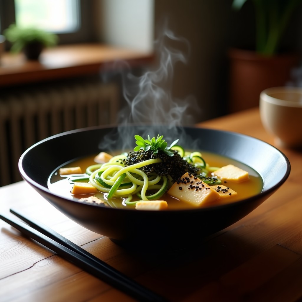 Cuenco hondo de cerámica negra con sopa de miso humeante, fideos de calabacín verdes en espiral, cubos de tofu sedoso, semillas de sésamo negro y tiras de alga nori. Receta japonesa low-carb en 20 minutos.