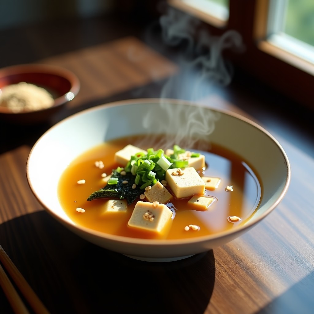 Tazón de cerámica blanca con sopa de miso humeante, trozos de tofu sedoso, algas wakame, cebolla verde y semillas de sésamo, receta express con hongo chaga para inmunidad.