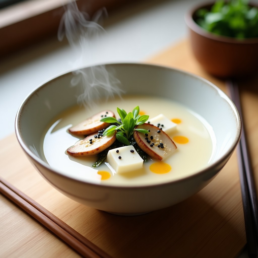 Cuenco de cerámica blanca con sopa de miso humeante, trozos de hongo Lion’s Mane, tofu sedoso y algas wakame, decorada con semillas de sésamo negro y cebollino picado. Fondo minimalista con palillos de madera.