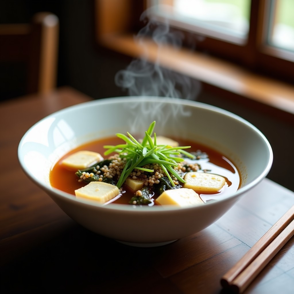 Cuenco de cerámica blanca con sopa de miso humeante, trozos de tofu sedoso, algas wakame y hongo reishi, decorado con cebollino y semillas de sésamo, sobre fondo de madera.