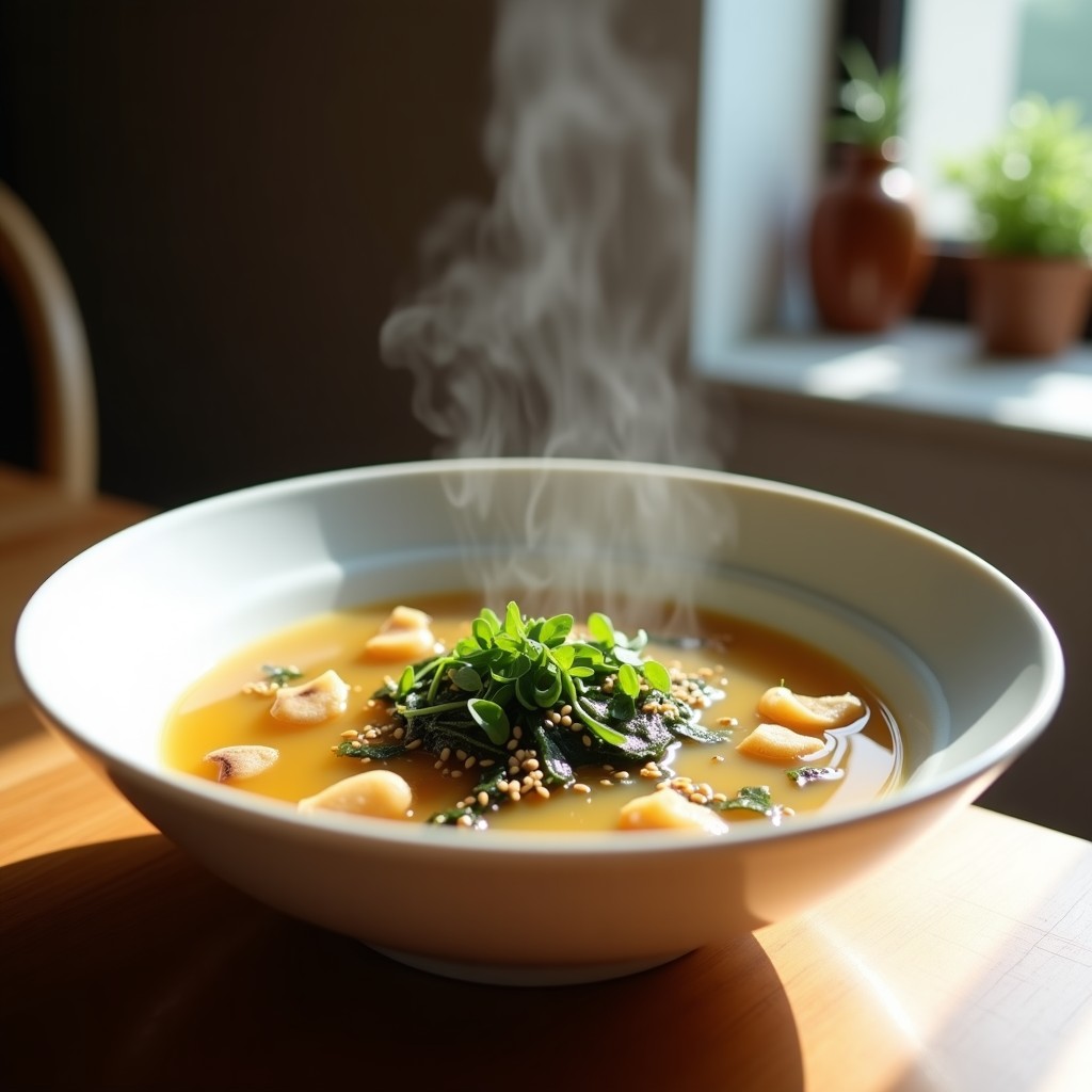 Cuenco de cerámica blanca con sopa de miso humeante, hongos ostra en láminas, tiras de alga kelp y semillas de sésamo negro, decorada con cebollino fresco y rodaja de limón al lado.