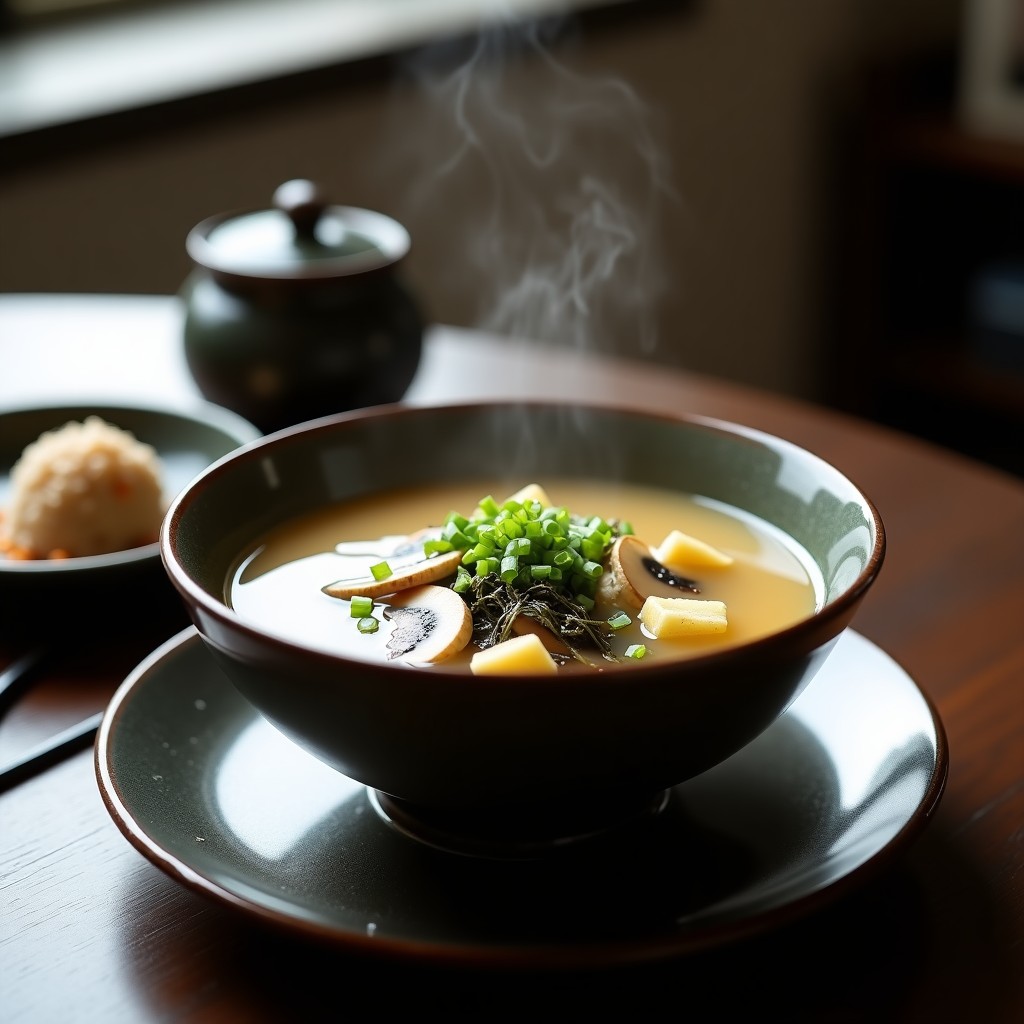 Cuenco tradicional japonés con sopa de miso humeante, hongos oyster laminados, tofu sedoso y algas wakame, decorado con cebollino fresco sobre fondo oscuro.
