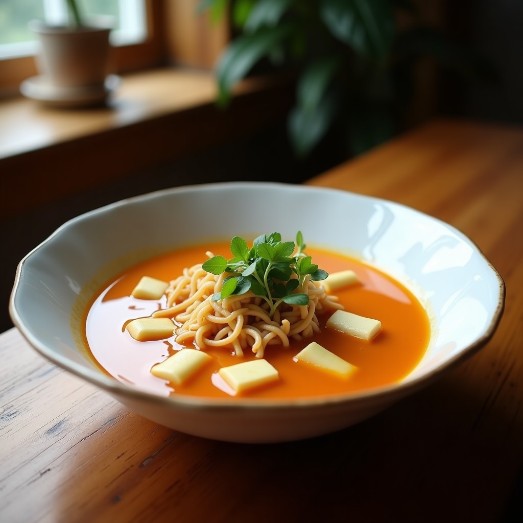 Cuenco de cerámica japonesa con sopa de miso humeante, hongos shimeji dorados, tofu blanco en cubos y cebollino picado, sobre fondo de madera oscura.