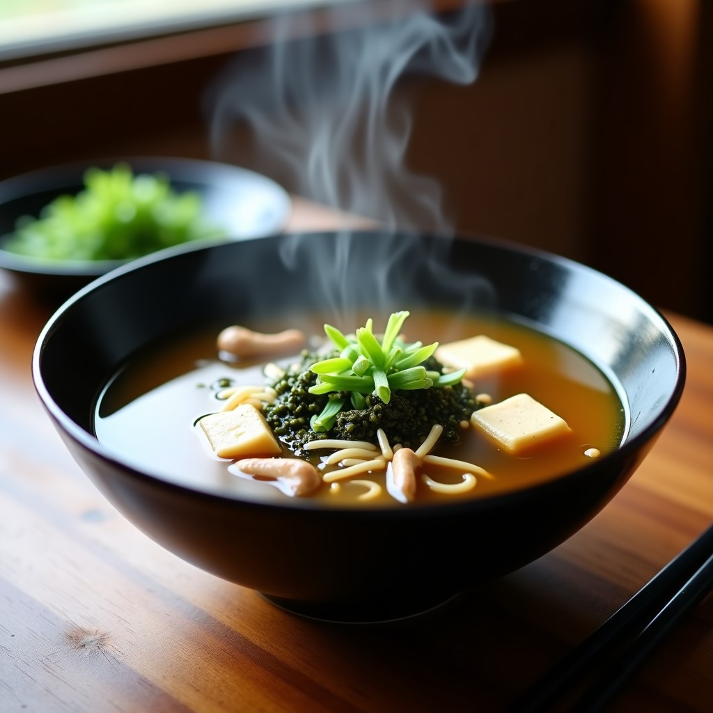 Cuenco de cerámica negra con sopa de miso humeante, hongos shitake en láminas, tofu sedoso y algas wakame, decorada con cebollino fresco. Receta de sopa de miso con hongos shitake en airfryer.