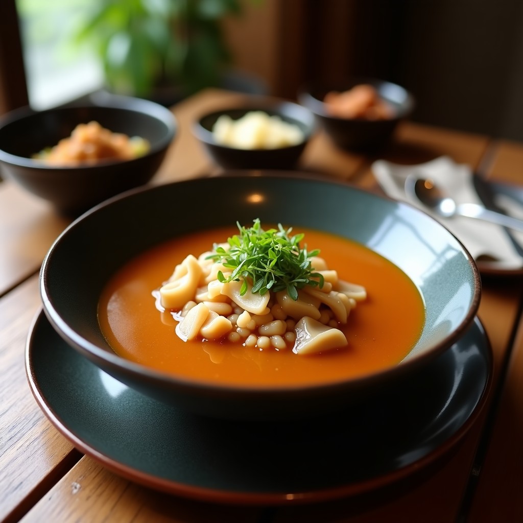 Cuenco de cerámica negra con sopa miso humeante, hongos shitake en láminas, tofu sedoso y cebollino picado, sobre fondo de madera oscura, receta ojiya tradicional japonesa.