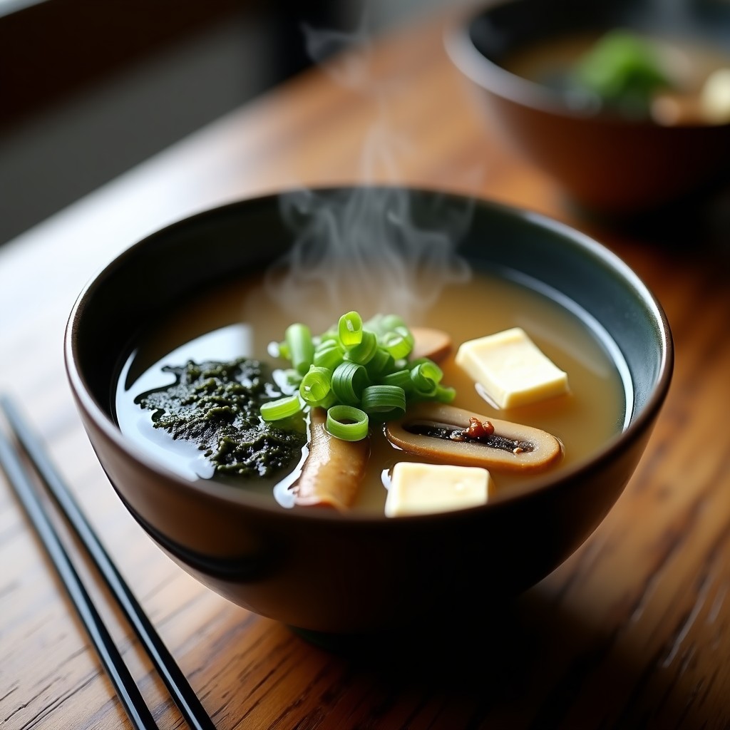 Cuenco de cerámica negra con sopa de miso humeante, hongos shitake rehidratados, cubos de tofu y algas wakame, decorado con cebollino fresco y aceite de sésamo, sobre fondo de madera.