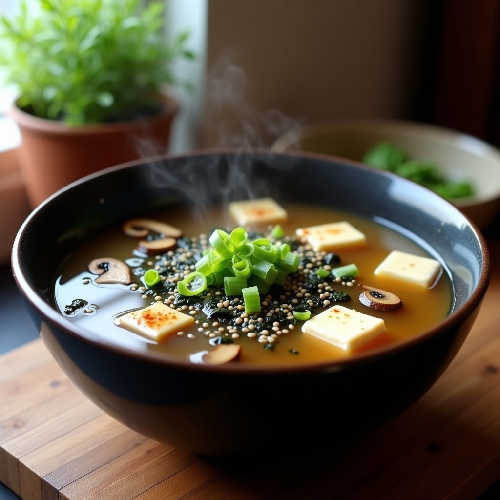 Cuenco hondo de cerámica negra con sopa de miso humeante, hongos shitake en láminas, tofu sedoso y algas wakame, decorado con cebollino picado y semillas de sésamo, sobre fondo de madera rústica.