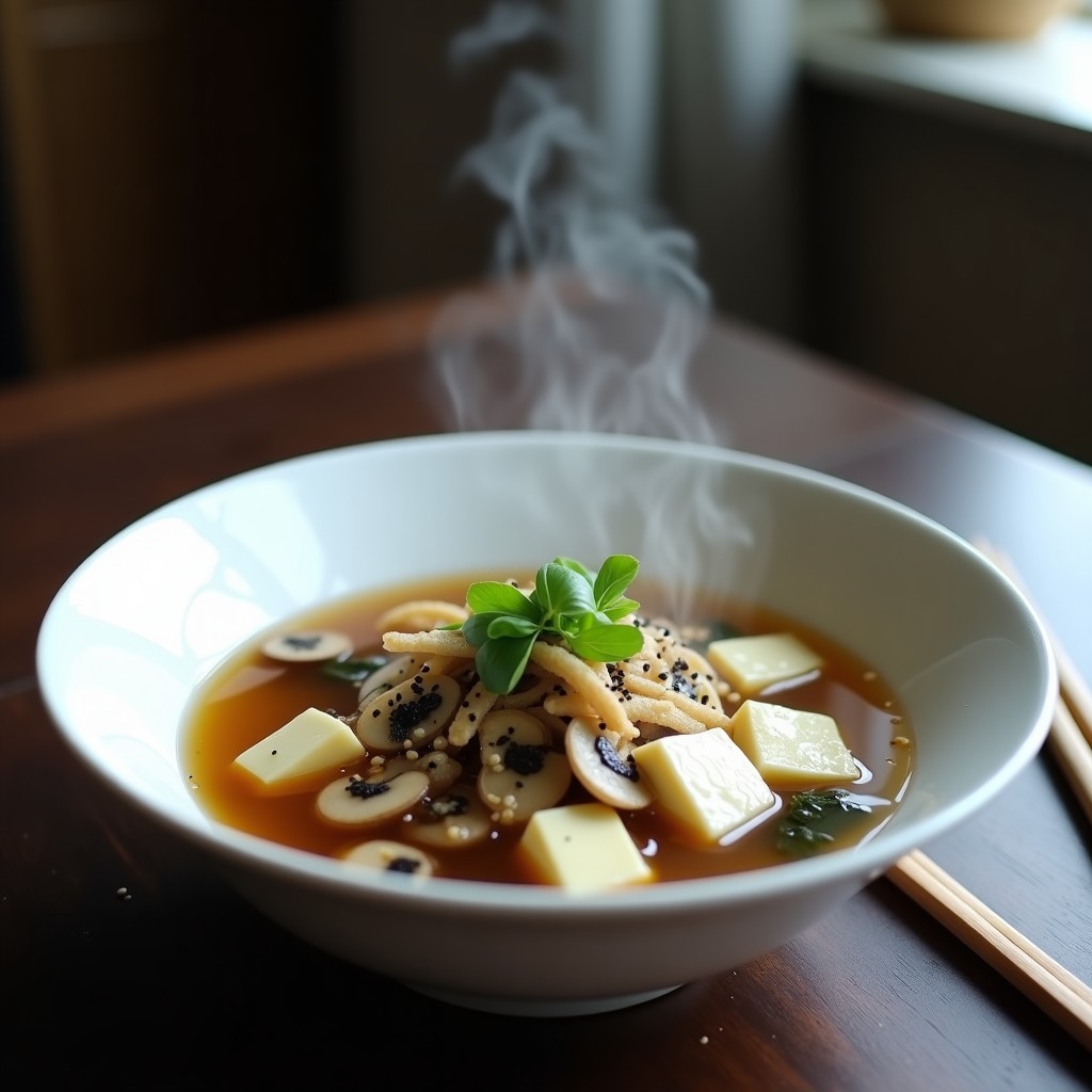 Cuenco de cerámica blanca con sopa de miso humeante, hongos shitake en láminas, cubos de tofu sedoso, algas wakame y cebolla verde picada, decorado con semillas de sésamo negro y un hilo de aceite de sésamo.