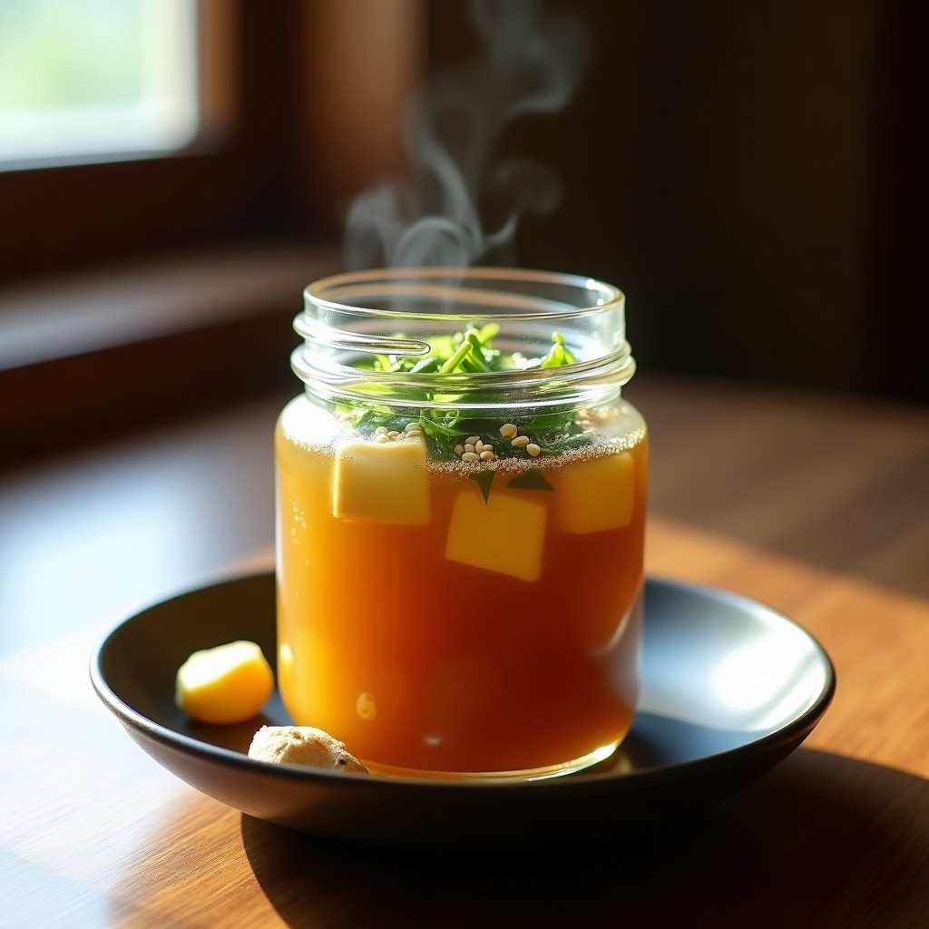 Jarra de vidrio transparente con sopa de miso fermentada de color dorado claro, algas wakame verdes, cubos de tofu sedoso y semillas de sésamo tostado espolvoreadas. Fondo rústico con cebolla verde picada y rodaja de jengibre fresco.