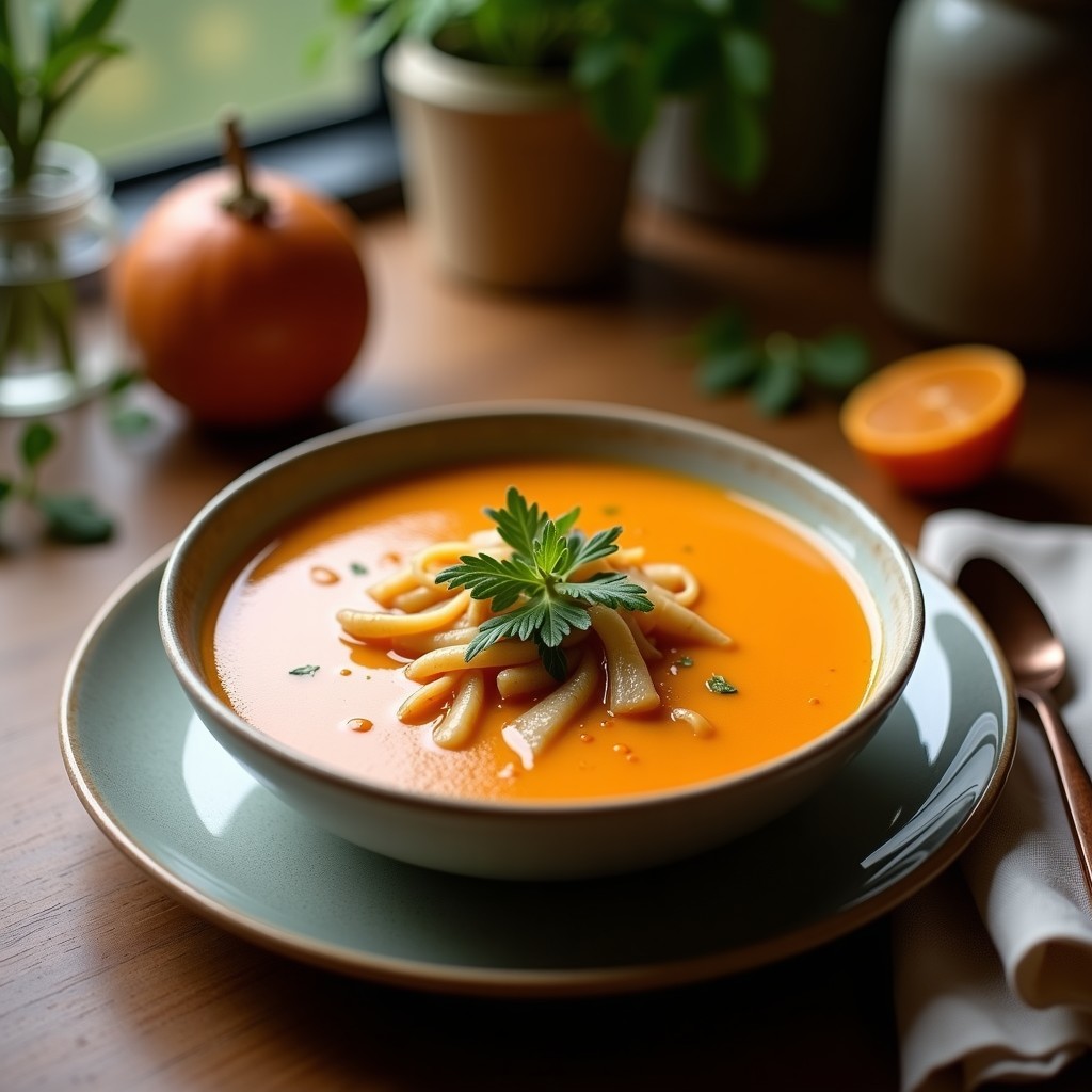 Jarro de vidrio transparente con sopa miso vegana humeante, tofu sedoso en cubos, algas wakame hidratadas y semillas de sésamo tostado, sobre fondo de madera rústica.