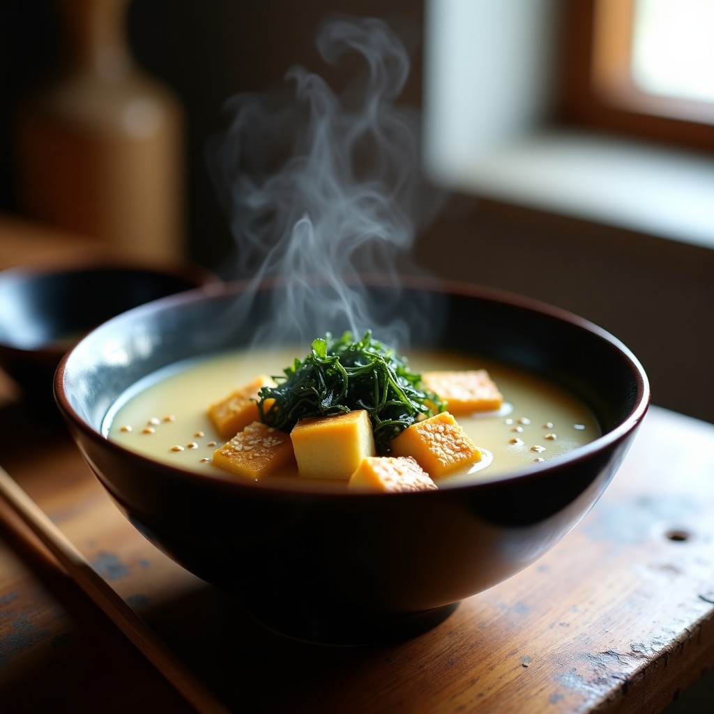 Cuenco hondo de cerámica oscura con sopa de miso y jengibre humeante, trozos de tofu dorado, algas wakame y semillas de sésamo espolvoreadas, receta airfryer.