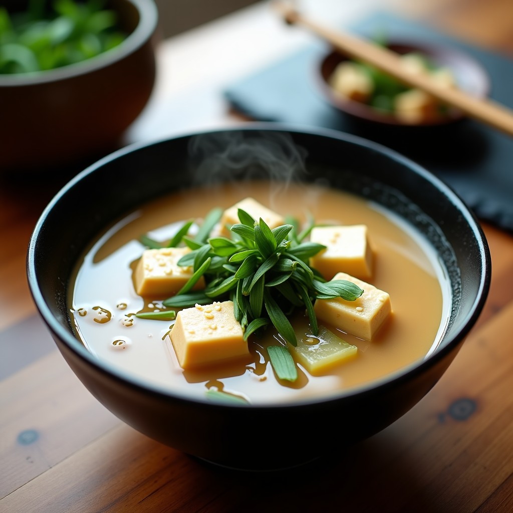 Cuenco de cerámica negra con sopa de miso cremosa, trozos de tofu sedoso, jonjoli y cebolla verde, espolvoreada con semillas de sésamo y aceite de sésamo brillante, sobre fondo de madera rústica.