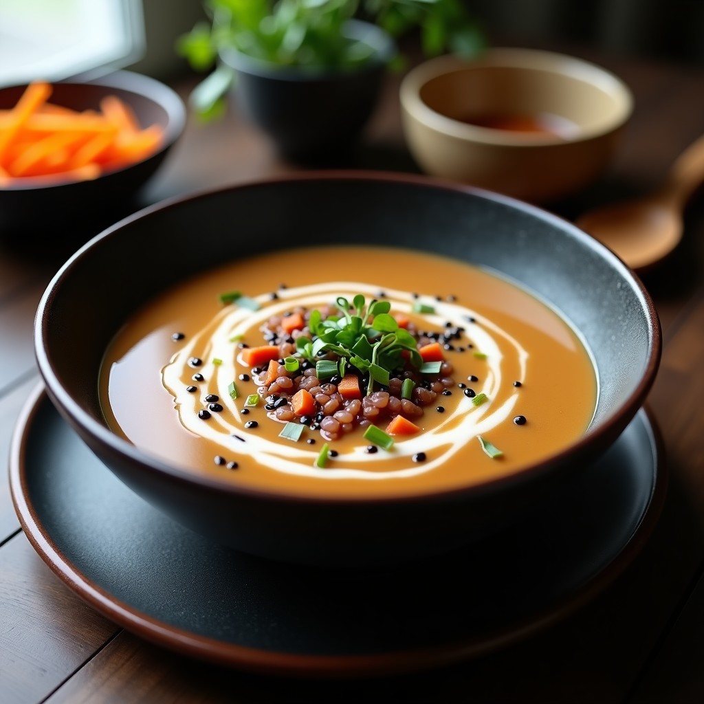 Cuenco negro de cerámica con sopa de misos de lentejas rojas y jengibre, decorado con semillas de sésamo negro, cebollino picado y algas wakame. Plato humeante sobre fondo de madera rústica, receta japonesa en Thermomix alta en proteína.