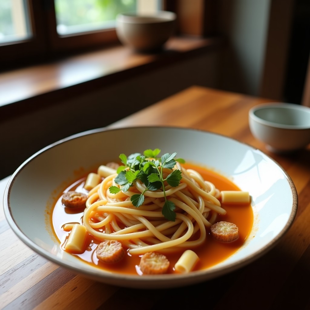 Bowl de sopa miso humeante con fideos ramen, hongos shiitake, tofu sedoso, algas wakame y semillas de sésamo, receta japonesa baja en calorías.