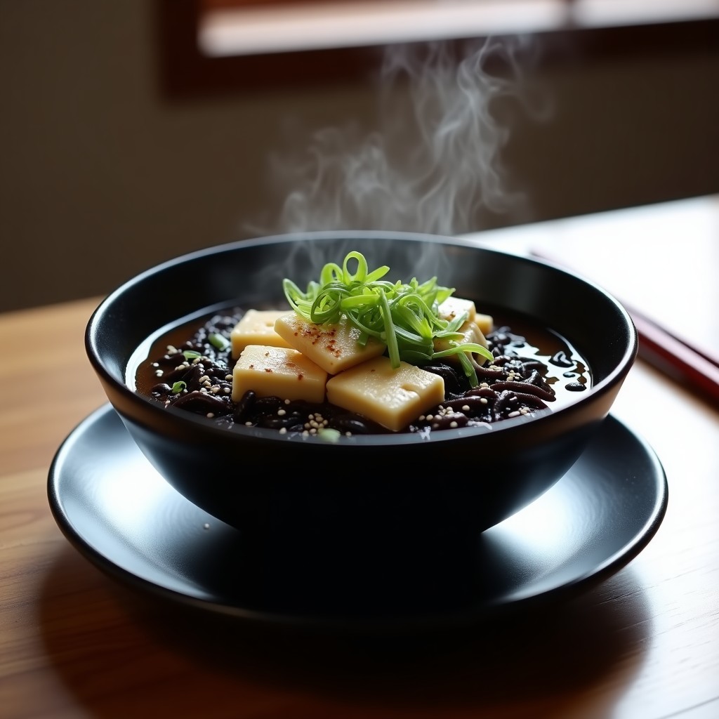 Cuenco negro tradicional japonés con sopa de miso humeante, pasta de arroz negro, tofu en cubos, algas wakame y semillas de sésamo, decorado con cebolla verde picada.