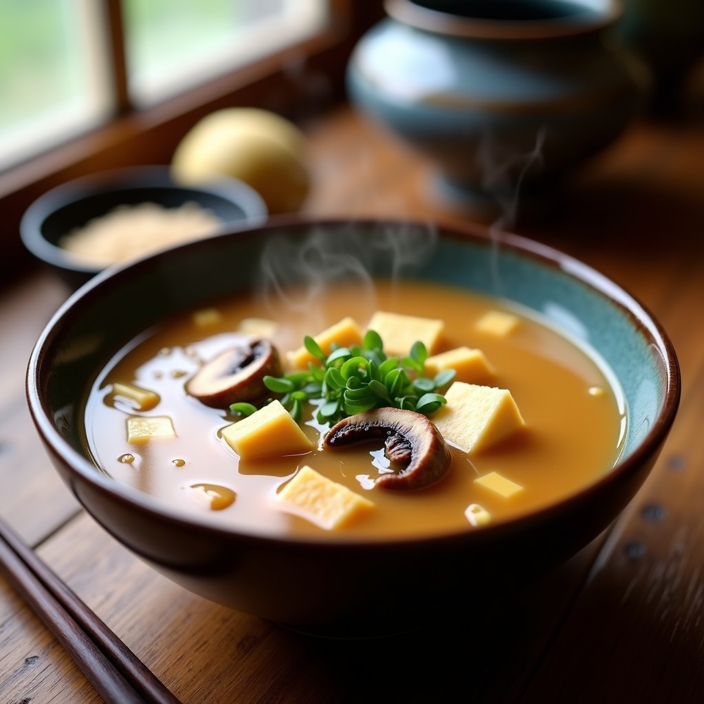 Tazón de sopa de miso con pasta de cacahuete y jengibre keto, servida con tofu, hongos shiitake y cebollino, sobre una mesa de madera rústica.