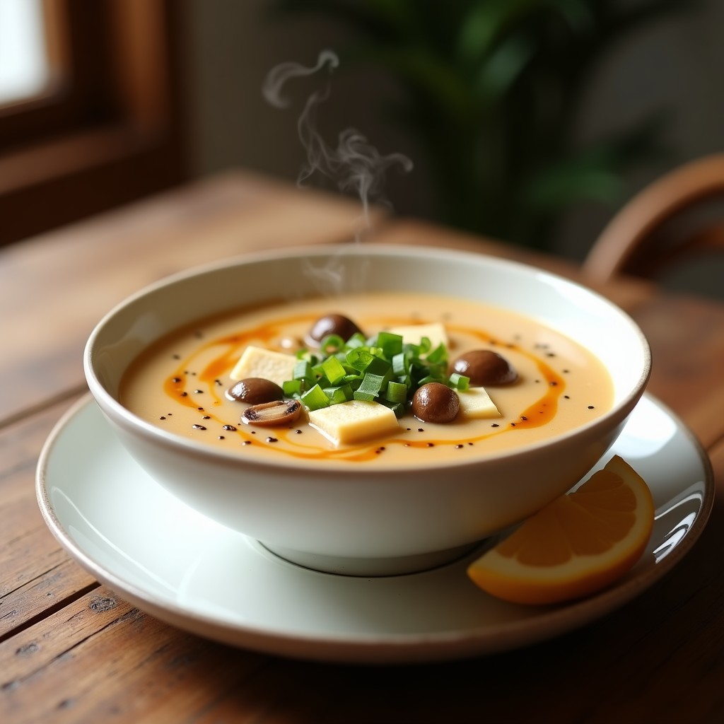 Tazón de cerámica blanca lleno de sopa de miso cremosa con pasta de cacahuete, trozos de tofu sedoso, champiñones shiitake y cebollino fresco, servida con un chorrito de aceite de sésamo y rodajas de limón al lado.