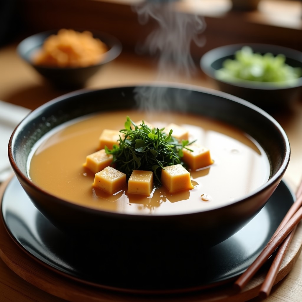 Cuenco de cerámica negra con sopa de miso cremosa y pasta de cacahuete, tofu dorado, algas wakame y cebollino fresco, receta japonesa picante.