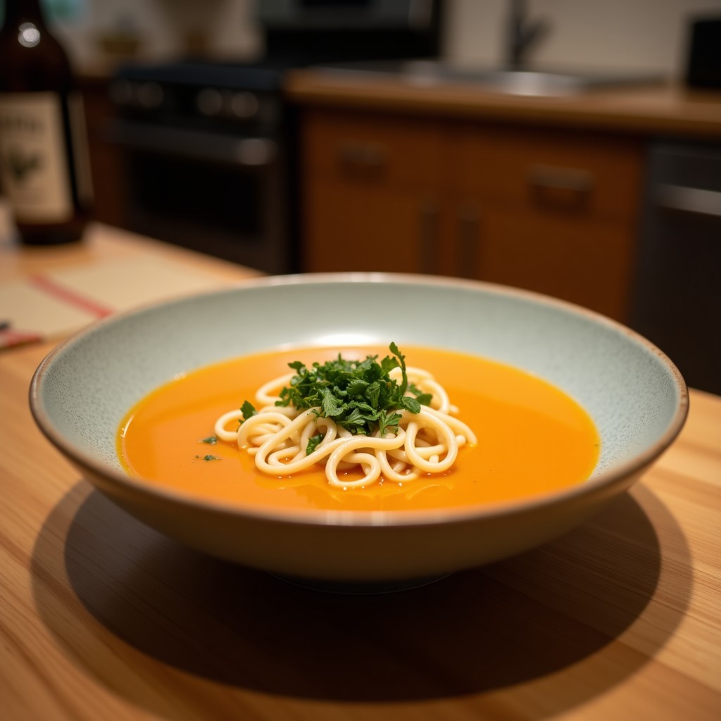 Cuenco de cerámica blanca con sopa de miso humeante, pasta konjac shirataki translúcida, tofu sedoso en cubos, algas wakame y champiñones shiitake, decorado con cebollino y semillas de sésamo negro sobre fondo de madera oscura.