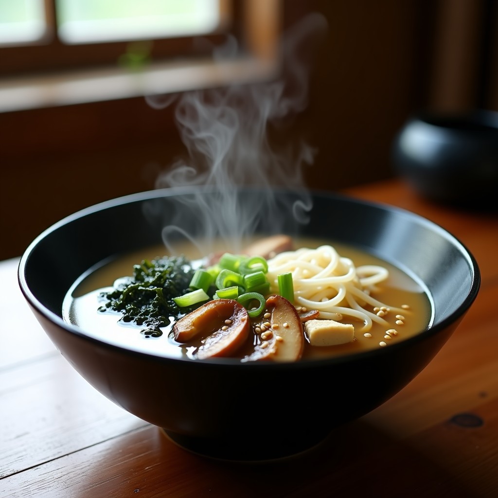 Cuenco de cerámica negra con sopa de miso humeante, pasta de konjac transparente, hongos shitake en láminas, tofu sedoso y algas wakame, decorado con semillas de sésamo y cebolla verde, receta keto japonesa.