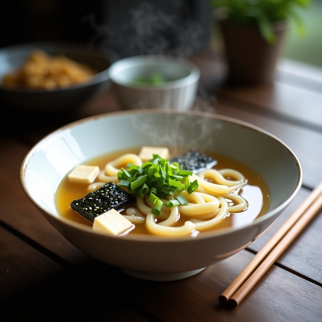 Cuenco de cerámica blanca con sopa de miso humeante, pasta konjac translúcida, cubos de tofu sedoso, algas wakame y semillas de sésamo negro, decorado con cebollino fresco.