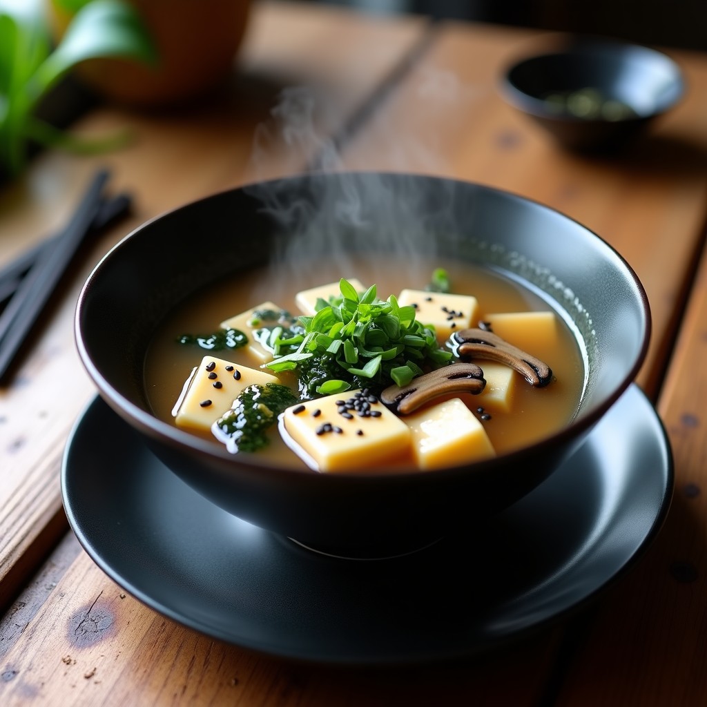 Cuenco negro de cerámica con sopa de miso humeante, pasta de konjac translúcida, tofu sedoso, algas wakame y semillas de sésamo negro. Fondos de cebollino fresco y champiñones shiitake.