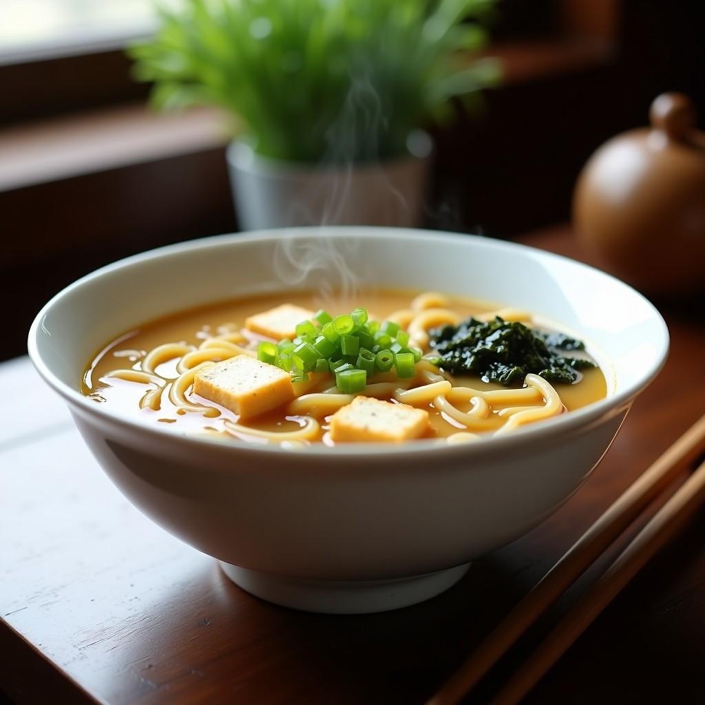 Bol de cerámica blanca con sopa de miso espesa, fideos udon al dente, cubos de tofu dorado y algas wakame, decorada con cebollino picado y un hilo de aceite de sésamo. Receta de sopa de miso con pasta udon en airfryer.