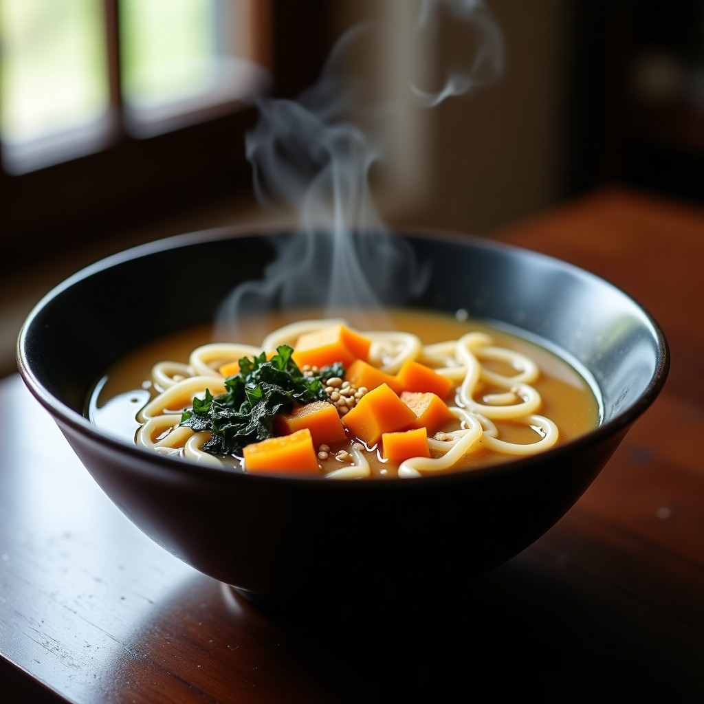 Cuenco hondo de cerámica negra con sopa de miso espumosa, pasta udon, trozos de calabaza butternut, alga wakame y semillas de sésamo tostadas, sobre fondo de madera oscura.
