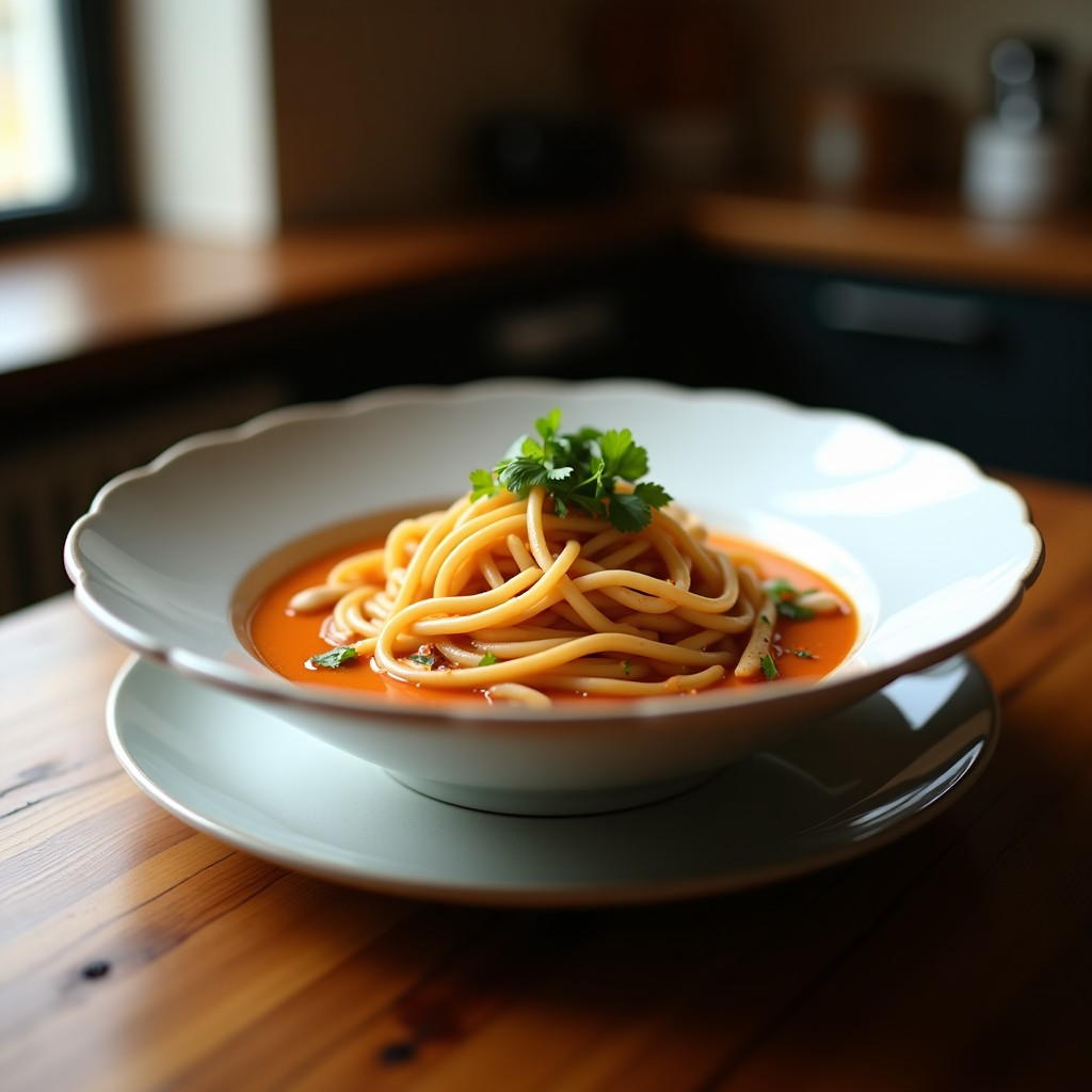 Bowl de cerámica negra con sopa de miso espumosa, pasta uovo dorada, tofu en cubos, algas wakame y huevo en cintas, decorado con cebollino y semillas de sésamo. Receta ramen fusion japonés-italiano.