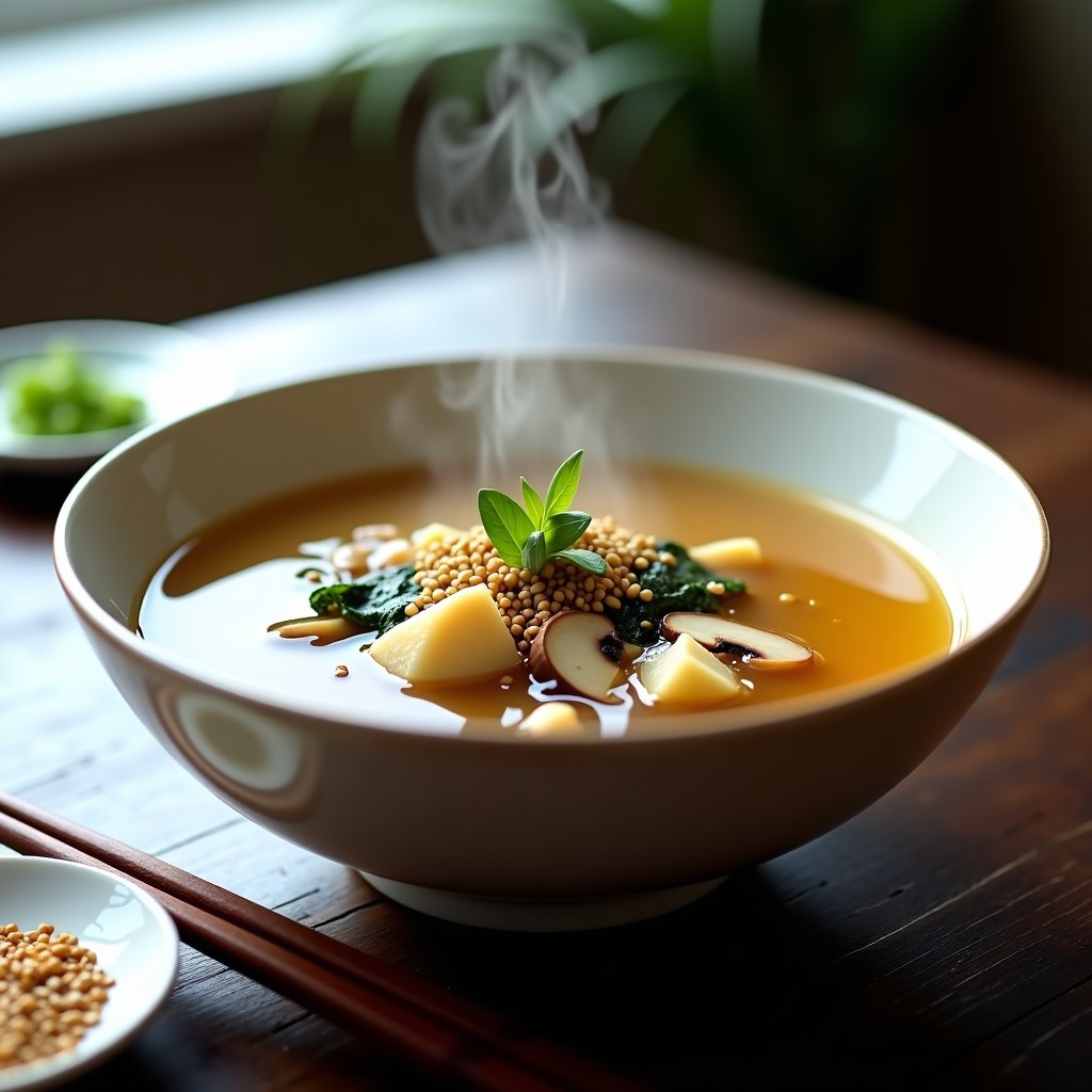 Cuenco de cerámica blanca con sopa de miso vegana pasteurizada, caldo dorado con trozos de tofu sedoso, algas wakame verdes, hongos shiitake y semillas de sésamo espolvoreadas.