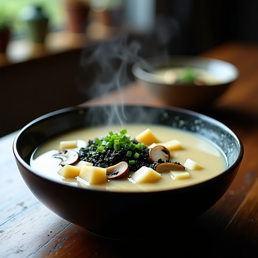 Cuenco de cerámica negra con sopa de miso humeante, trozos de pastinaca dorada, hongos shiitake y algas wakame, decorada con cebollino y semillas de sésamo negro sobre fondo de madera oscura.