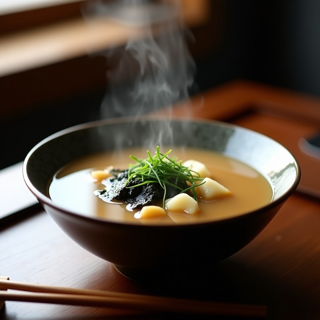 Cuenco de cerámica japonesa con sopa de miso humeante, pastinaca en rodajas, algas wakame y cebollino fresco, servida sobre una mesa de madera oscura.