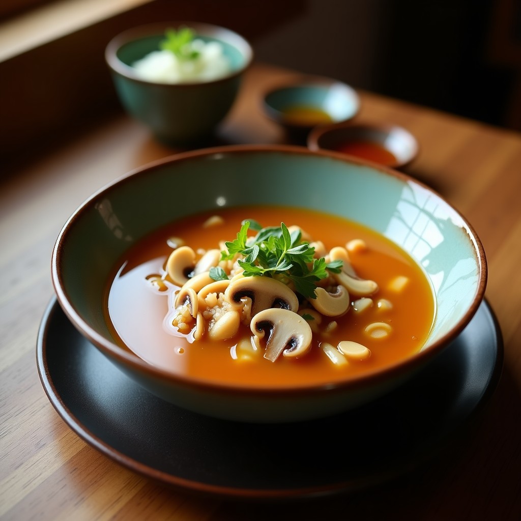 Cuenco de cerámica blanca con sopa de miso humeante, pasto rey, tofu en cubos, algas wakame y semillas de sésamo negro, decorado con cebollino fresco sobre fondo de madera oscura.
