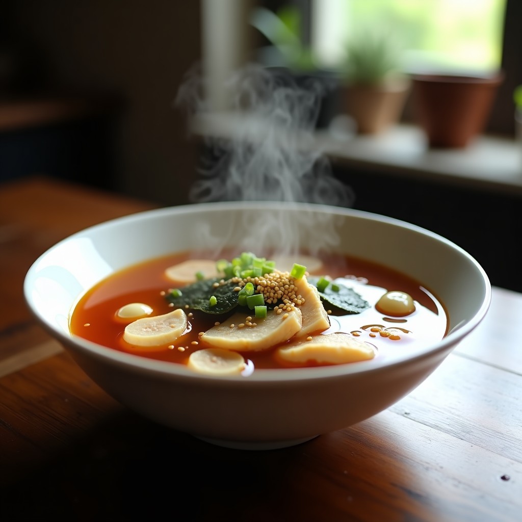 Cuenco de cerámica blanca con sopa de miso humeante, pechuga de pollo en tiras, cubos de tofu, algas wakame y semillas de sésamo, sobre fondo de madera oscura.