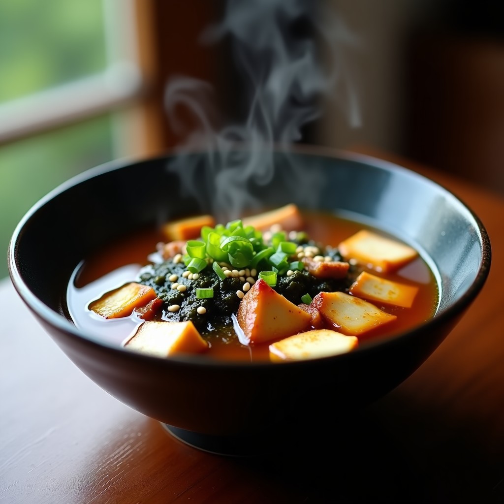 Cuenco de cerámica negra con sopa de miso humeante, trozos de pechuga teriyaki brillante, tofu dorado, setas shiitake y algas wakame, decorado con cebolla verde y semillas de sésamo, sobre fondo de madera oscura.